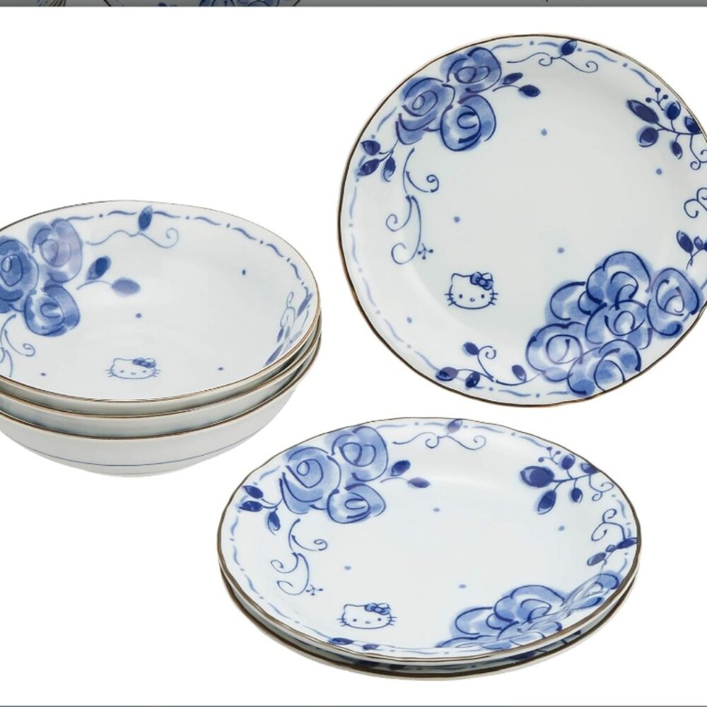Rare Hello Kitty Blue Rose 6-Pc Porcelain Dish Set